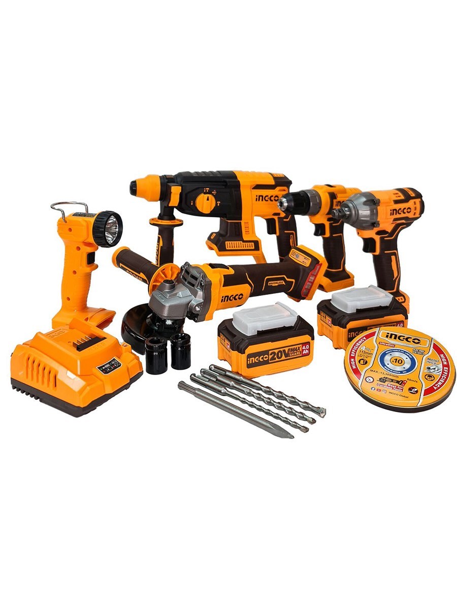 İngco Somun Sıkma-Akülü Vidalama-Kırıcı Delici-Taşlama-Çalışma Lambası 5 li Set