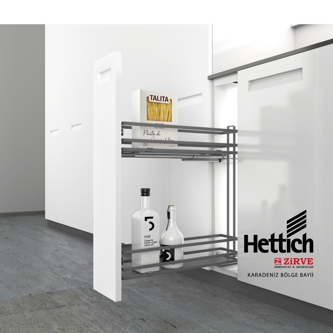 Hettich 2 Katlı Yandan Raylı Frenli Antrasit Şişelik, Baharatlık & Deterjanlık 20 cm Kapak Uyumlu Premium Line